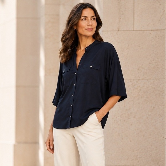 Vince Tops - Vince Womens Silk Blend Utility Blouse L Navy Blue Short Sleeve Minimalist Shirt